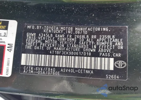 2011 Toyota Camry Le z USA, uszkodzony, nr VIN 4T1BF3EK9BU617018